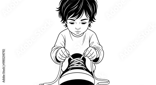Little boy learning to tie shoelaces vector illustration. Toddler sitting and tying shoes line art.