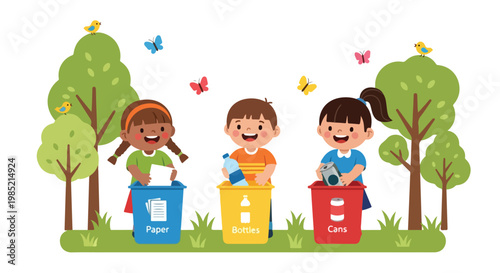 Three happy children are recycling paper, bottles, and cans into colorful bins in a park surrounded by trees, birds, and butterflies.