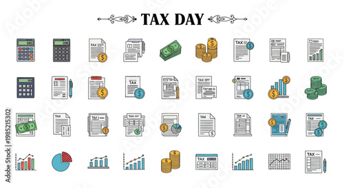 A collection of tax day illustrations and icons, including tax forms, calculators, money, and financial charts, are arranged on a clean white background in a flat lay composition