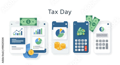 Overhead vector illustration depicting tax day, featuring smartphones displaying financial charts and calculations alongside stacks of coins and cash, set against a clean white background
