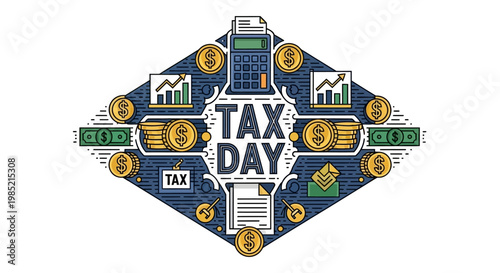 Flat vector illustration showcasing the concept of tax day on a blue diamond background with coins, a calculator, and financial charts, conveying the message of financial responsibility