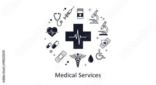 Medical services concept illustration. Healthcare icons set arranged in a circle with medical cross and heartbeat symbol.