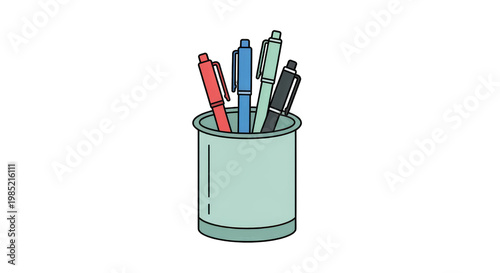 Office Supplies: Pen Holder with Assorted Pens, Minimalist Illustration