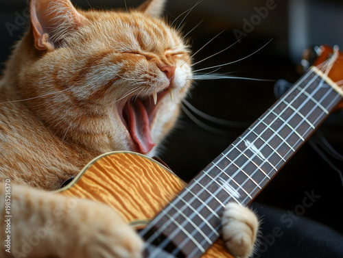 Ginger cat with closed eyes sings loudly, mouth wide open, while seemingly playing a small string instrument with its paws