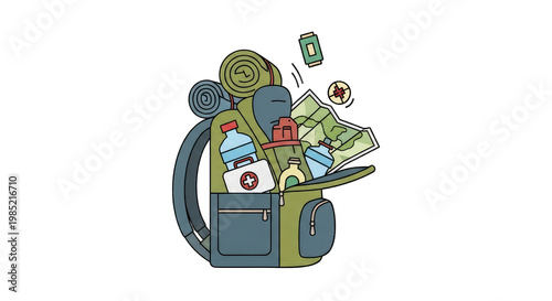 Open Backpack Filled With Camping Gear, Map, First Aid Kit, Water Bottle