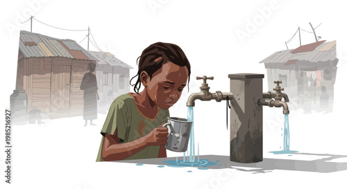 African child drinks water from public tap in impoverished village, scarcity concept