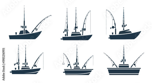 Fishing Boat Icons Set: Deep Sea, Sport Fishing Vessels, Ocean Angling