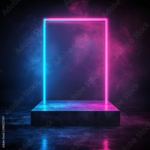 Glowing blue and pink neon square frame on a dark concrete pedestal, with atmospheric smoke on a wet floor