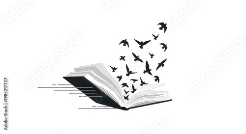 Open book with birds flying out, symbolizing imagination, knowledge, and freedom