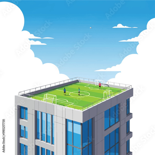 A minimalist rooftop soccer pitch on top of a skyscraper, two players visible as small figures against the vast sky. Modern urban architecture. Palette: Concrete grey, neon green, bright white,
