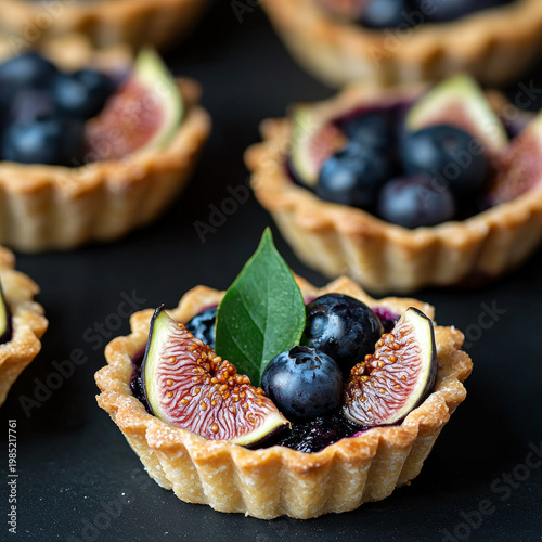 Golden mini tarts, richly filled with ripe blueberries, sliced figs, and a vibrant green leaf, presented on dark slate
