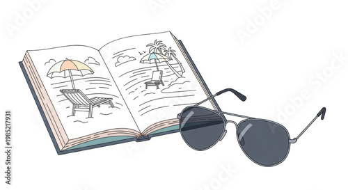 Open Book with Beach Scene Drawings and Sunglasses, Relaxation Concept