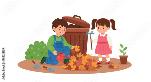 A boy and a girl are working together in a garden, cleaning up dry autumn leaves and putting them into a brown compost bin on a sunny day.