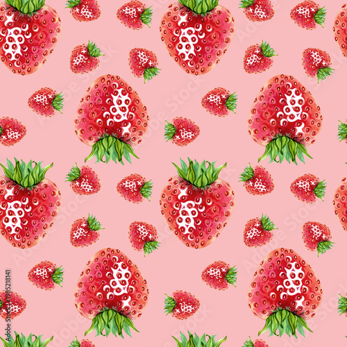 A seamless pattern for fabric or packaging featuring a juicy strawberries. A simple yet elegant endless, delicious fresh red berry with green leaves on top pattern. Hand drawn watercolor illustration