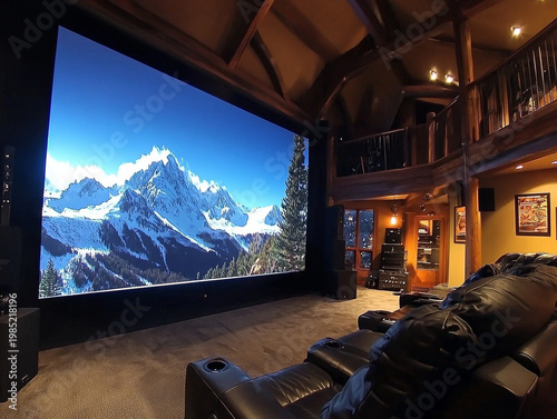 Grand home cinema in a multi-level lodge with a huge screen showing a vibrant mountain landscape and luxurious recliners