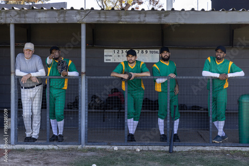 Diverse male baseball team and coach standing on dugout rail in green uniforms holding gloves, bat