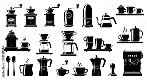 Vintage and Modern Coffee Makers, Grinders, and Cups Collection - Silhouette Icons