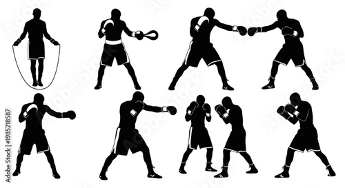 Boxing Silhouettes: Training, Fighting, and Jump Rope - Dynamic Sports Action