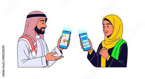 Arab Couple Using Smartphone Navigation Apps for Travel and Communication