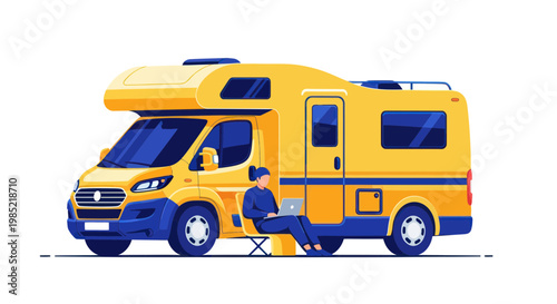 Person working remotely on laptop next to a yellow camper van, digital nomad lifestyle