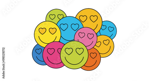 Pile of Colorful Happy Smiley Faces with Heart Eyes on White Background