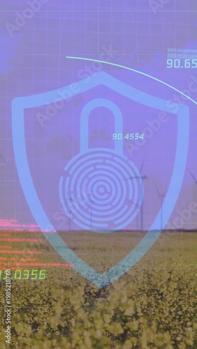 Vertical video: Auto scanning sweep, cyan shield fingerprint overlaying wind farm, HUD securing