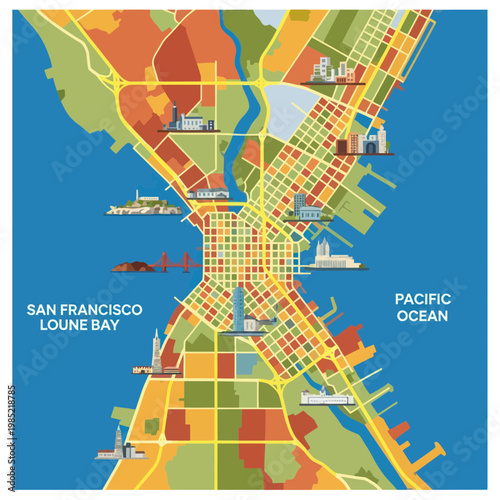 Fotografie San Francisco City Map Illustration with Landmarks and Bay Area