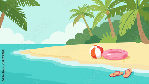 Summer Beach Landscape with Palm Trees and Vacation Accessories