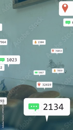 Vertical video: Cafe alert bubble making labels pinning near bread and tools as pan showing orders