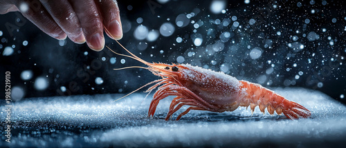 Hand touching a frosted red shrimp on a shimmering icy surface with snow particles falling in a dark environment