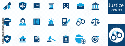 This image displays a collection of blue justice related iconographic elements including scales gavels law books and figures high quality professional detailed modern