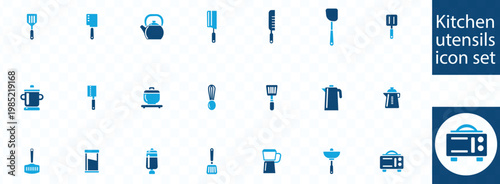 A collection of blue kitchen utensil icons is displayed against a light gray textured background depicting various cooking tools high quality professional detailed