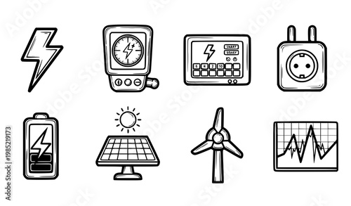A set of eight black and white vector icons depicting various energy and electricity related symbols