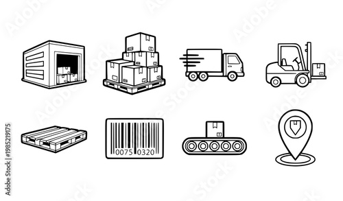 A set of logistics and shipping icons in a flat minimal style