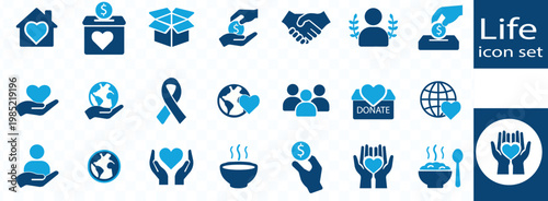 A collection of blue icons representing various aspects of life including charity love donation and global support high quality professional detailed modern elegant