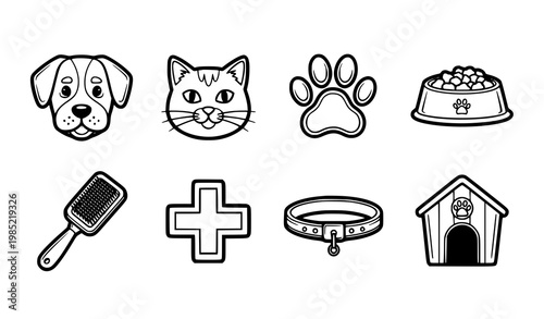A set of black and white vector icons depicting various pet care and animal symbols