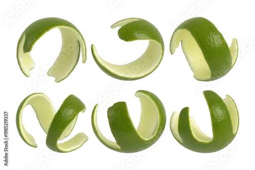 A set of green lime peels curled up isolated on transparent background, illustration