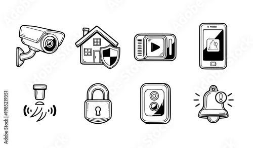 A set of security icons including cameras and locks in a minimalist design
