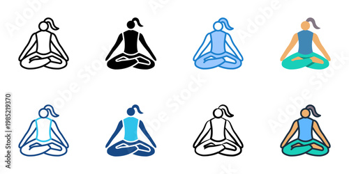 Lotus Pose icons set multiple style collection. Editable stroke 
