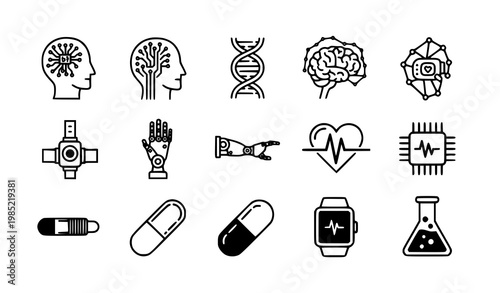 A set of black and white medical and technology icons on a white background