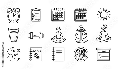A set of minimalist icons representing daily habits and wellness routines