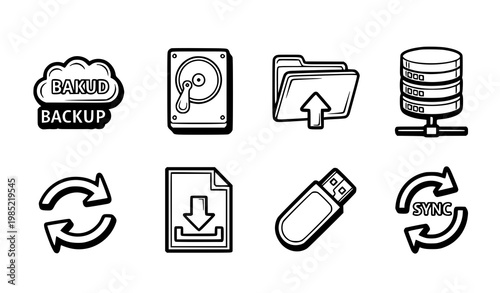 A set of vector icons illustrating various data storage and backup concepts