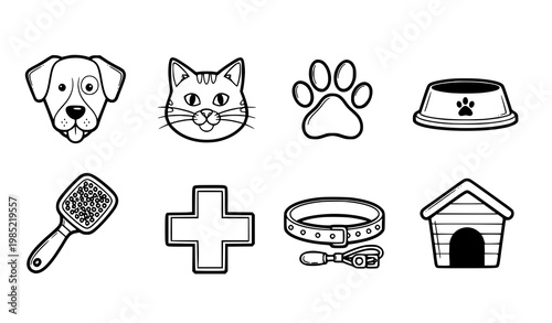 A set of black and white vector icons depicting various pet care and animal symbols