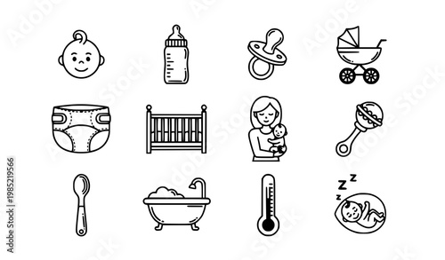 A set of baby care icons in a minimalist line art style