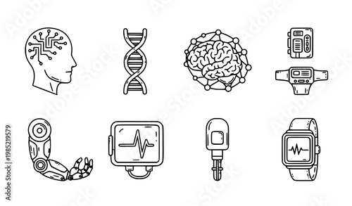 A set of vector icons representing technology and medical concepts