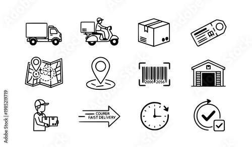 A set of black and white line art icons depicting various delivery and shipping concepts