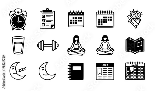 A set of minimalist icons representing daily habits and routines