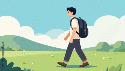 Young Man Walking with a Backpack in Nature