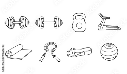 A set of line art fitness icons including dumbbells and exercise equipment