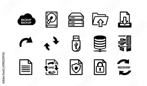 A set of flat design icons representing data backup and recovery concepts